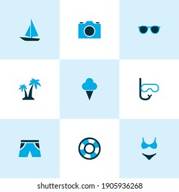 Season icons colored set with sorbet, goggles, bikini and other sunglasses elements. Isolated vector illustration season icons.