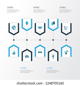 Season icons colored set with trees, melon, ship and other swimming mask elements. Isolated vector illustration season icons.