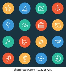 Season icons line style set with watermelon, parasol, diving mask and other handbag elements. Isolated vector illustration season icons.