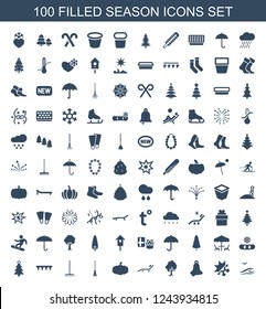 season icons. Set of 100 filled season icons included sea and gull, cold and hot mode, bell, tree, sunbed on white background. Editable season icons for web, mobile and infographics.
