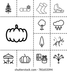 Season icons. set of 13 editable outline season icons such as pumpkin, gift, tree, pine-tree, fireworks, confetti, table under umbrella, rain, socks, ice skate