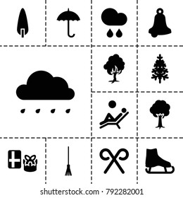 Season icons. set of 13 editable filled season icons such as bell, ice skate, gift, rake, tree, pine-tree, candy cane, rain, man laying in the sun