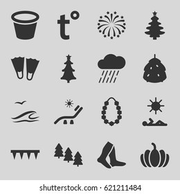 Season icons set. set of 16 season filled icons such as berry, pine tree, sunbed, socks, plowing tool, rain, pot for plants, pumpkin, christmas tree, fireworks, garland