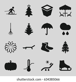 Season icons set. set of 16 season filled icons such as pumpkin, umbrella, sunbed, socks, christmas tree, rake, pot for plants, pine-tree, thermometer, fireworks, rain, skiing