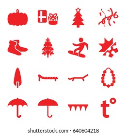 Season icons set. set of 16 season filled icons such as pumpkin, socks, christmas tree, plowing tool, pine-tree, confetti, garland, cold and hote mode, temperature, snowboard