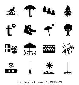 Season icons set. set of 16 season filled icons such as pine tree, socks, rake, pot for plants, tree, pine-tree, confetti, temperature, skiing, umbrella, table under umbrella