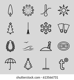 Season icons set. set of 16 season outline icons such as umbrella, rake, pine-tree, thermometer, christmas tree, fireworks, garland, snowflake, temperature, sunbed
