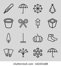 Season icons set. set of 16 season outline icons such as umbrella, thermometer, socks, rake, pot for plants, pine-tree, pumpkin, nesting house, candy cane, fireworks