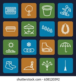 Season icons set. set of 16 season outline icons such as pine tree, socks, rake, pot for plants, tree, fireworks, garland, table under umbrella, man laying in sun