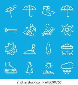 Season icons set. set of 16 season outline icons such as socks, pine-tree, christmas tree, fireworks, cold and hote mode, umbrella, table under umbrella, sunbed, rain