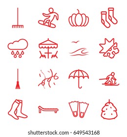 Season icons set. set of 16 season outline icons such as berry, socks, rake, pumpkin, confetti, cold and hote mode, table under umbrella, sunbed, rain, sea and gull, skiing