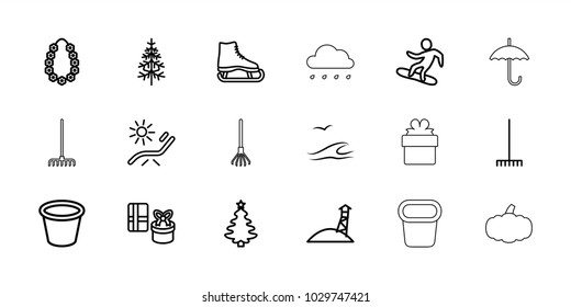 Season icons. set of 18 editable outline season icons: sunbed, ice skate, christmas tree, gift, rake, pot for plants, pine-tree, garland, snowboard, sea and gull