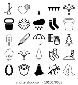 Season icons. set of 25 editable filled and outline season icons such as socks, bell, plowing tool, fireworks, confetti, garland, rain, thermometer, umbrella, christmas tree