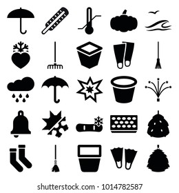 Season icons. set of 25 editable filled season icons such as berry, socks, umbrella, flippers, rake, pot for plants, thermometer, heart frozen, fireworks, cold and hote mode