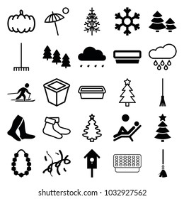 Season icons. set of 25 editable filled and outline season icons such as pine tree, socks, rake, nesting house, confetti, garland, snowflake, skiing, man laying in the sun