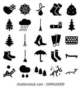 Season icons. set of 25 editable filled season icons such as berry, pine tree, socks, umbrella, christmas tree, rake, rain, pot for plants, confetti, sunbed