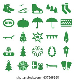 Season icons set. set of 25 season filled icons such as pumpkin, pine tree, umbrella, socks, christmas tree, plowing tool, pot for plants, nesting house, fireworks, garland