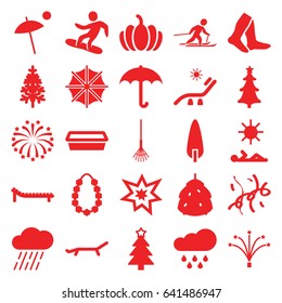 Season icons set. set of 25 season filled icons such as berry, sunbed, socks, christmas tree, rake, rain, pot for plants, pine-tree, pumpkin, christmas tree, fireworks
