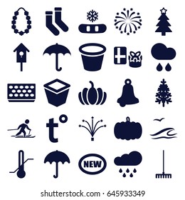 Season icons set. set of 25 season filled icons such as pumpkin, umbrella, socks, christmas tree, rake, pot for plants, pine-tree, nesting house, thermometer, fireworks
