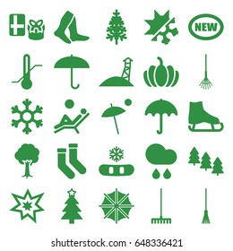 Season icons set. set of 25 season filled icons such as pine tree, umbrella, socks, christmas tree, rake, pumpkin, thermometer, fireworks, snowflake, rain, cold and hote mode