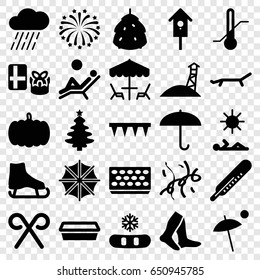 Season icons set. set of 25 season filled icons such as berry, pumpkin, thermometer, socks, plowing tool, rain, pot for plants, nesting house, candy cane, fireworks, confetti
