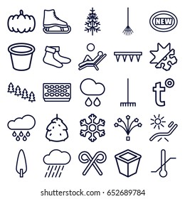 Season icons set. set of 25 season outline icons such as berry, pumpkin, pine tree, sunbed, socks, rake, plowing tool, rain, pot for plants, pine-tree, thermometer, candy cane