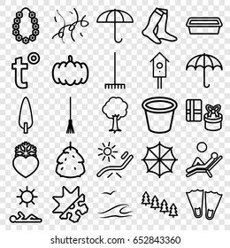 Season icons set. set of 25 season outline icons such as berry, pumpkin, pine tree, sunbed, socks, rake, pot for plants, tree, pine-tree, nesting house, heart frozen, confetti