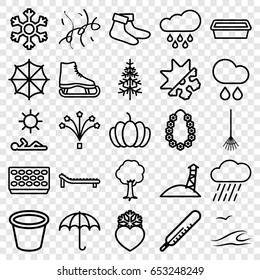 Season icons set. set of 25 season outline icons such as thermometer, socks, rake, rain, pot for plants, tree, pine-tree, pumpkin, heart frozen, fireworks, confetti, garland