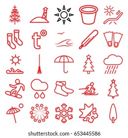 Season icons set. set of 25 season outline icons such as thermometer, sunbed, socks, rake, rain, pot for plants, pine-tree, christmas tree, fireworks, snowflake