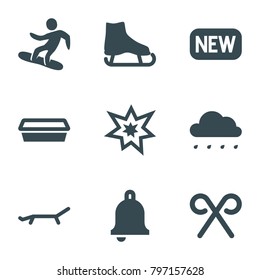 Season icons. set of 9 editable filled season icons such as ice skate, pot for plants, candy cane, fireworks, snowboard, sunbed, new, bell