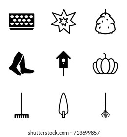 Season icons set. set of 9 season filled and outline icons such as socks, rake, pot for plants, nesting house, berry, pine-tree, pumpkin