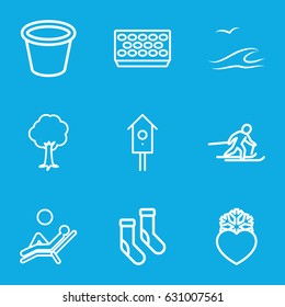 Season icons set. set of 9 season outline icons such as socks, pot for plants, tree, nesting house, heart frozen, man laying in the sun, sea and gull