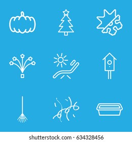 Season icons set. set of 9 season outline icons such as pumpkin, sunbed, rake, pot for plants, nesting house, fireworks, confetti, cold and hote mode