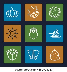 Season icons set. set of 9 season outline icons such as berry, pot for plants, pumpkin, heart frozen, fireworks, cold and hote mode, sunbed, skiing