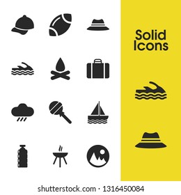 Season icons set with baseball hat, suitcase and grill elements. Set of season icons and bonfire concept. Editable vector elements for logo app UI design.