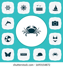 Season icons set with camera, sea, boat and other sunny elements. Isolated vector illustration season icons.