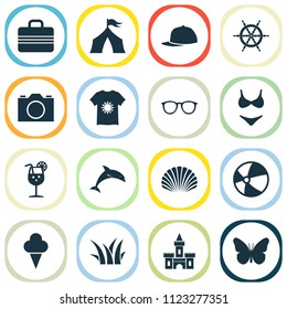 Season icons set with camera, tent, fresh juice and other camp elements. Isolated vector illustration season icons.