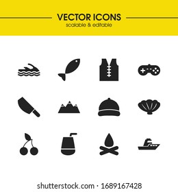 Season icons set with cherry, cleaver and vest elements. Set of season icons and vessel concept. Editable vector elements for logo app UI design.