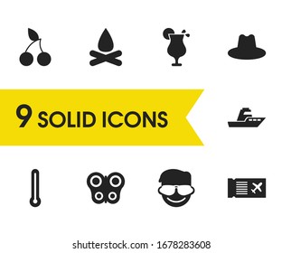 Saisonsymbole mit Kirsche, Ticket und Mann mit Brillenelementen gesetzt. Set von Saison-Icons und Board-Pass-Konzept. Bearbeitbare Vektorillustration-Elemente für Logo-App UI-Design.