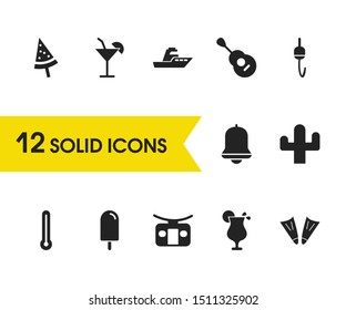 Season icons set with cocktail, flippers and guitar elements. Set of season icons and acoustic concept. Editable vector elements for logo app UI design