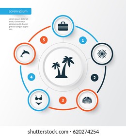 Season Icons Set. Collection Of Baggage, Sunny, Conch And Other Elements. Also Includes Symbols Such As Trees, Shell, Suitcase.