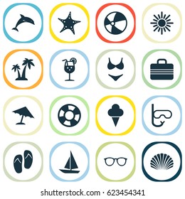 Season Icons Set. Collection Of Baggage, Bikini, Conch And Other Elements. Also Includes Symbols Such As Bead, Swimming, Lifebuoy.