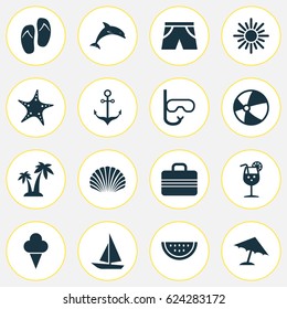 Season Icons Set. Collection Of Baggage, Ship, Conch And Other Elements. Also Includes Symbols Such As Tube, Underwear, Beach.