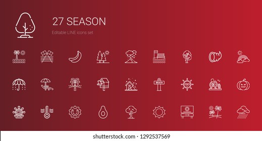 season icons set. Collection of season with beach, sun, tree, banana, thermometer, ferris wheel, storm, birdhouse, sunbed, umbrella, snowing. Editable and scalable season icons.