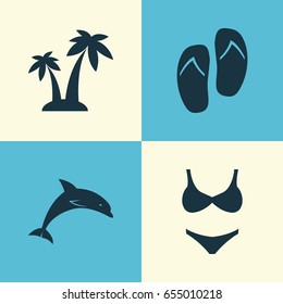 Season Icons Set. Collection Of Beach Sandals , Trees, Mammal Elements. Also Includes Symbols Such As Mammal, Suit, Bikini.