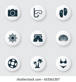 Season Icons Set. Collection Of Bikini, Dinghy, Conch And Other Elements. Also Includes Symbols Such As Camera, Hot, Dinghy.