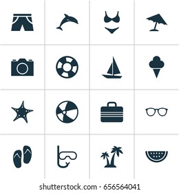 Season Icons Set. Collection Of Bikini, Smelting, Parasol And Other Elements. Also Includes Symbols Such As Tube, Ice, Palms.