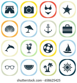 Season Icons Set. Collection Of Bikini, Melon, Lemonade And Other Elements. Also Includes Symbols Such As Suit, Fish, Sun.