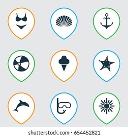 Season Icons Set. Collection Of Conch, Sea Star, Sunny And Other Elements. Also Includes Symbols Such As Dolphin, Mammal, Ball.
