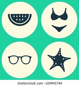 Season Icons Set. Collection Of Goggles, Star, Melon And Other Elements. Also Includes Symbols Such As Swimming, Citrus, Sunglasses.